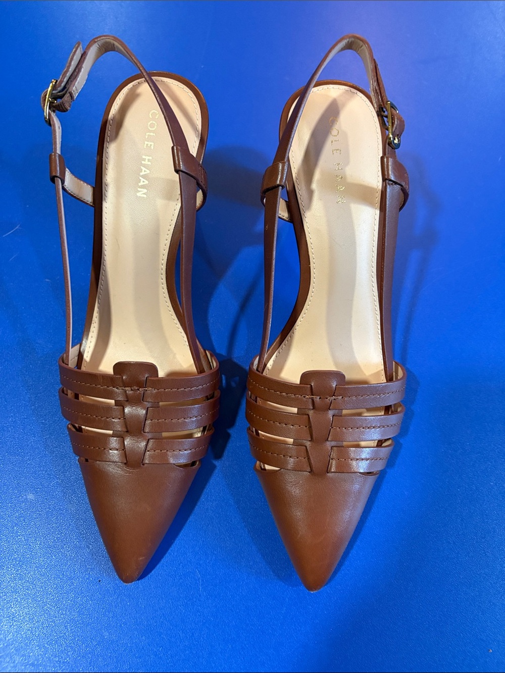 Cole Haan Brown Pointed-Toe Woven Slingback Heels